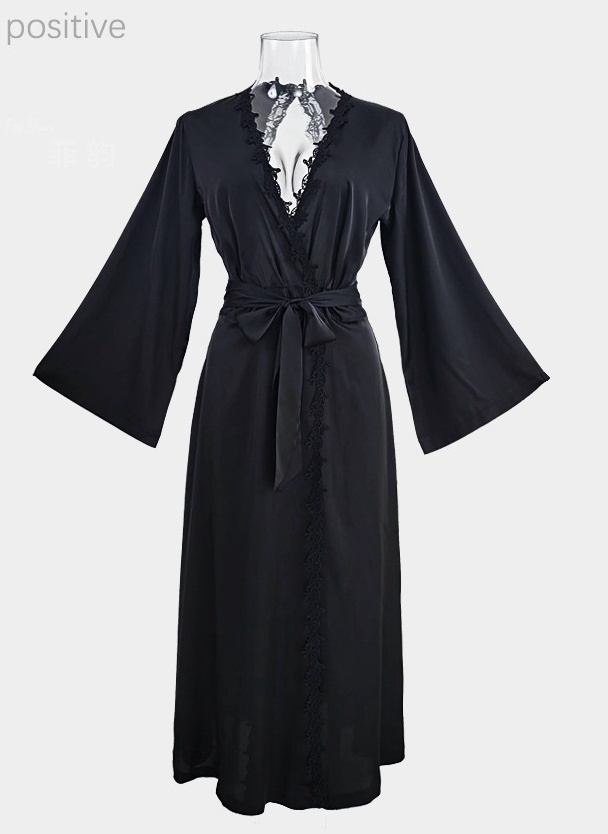 Women Pajamas Long Robe Set Lace Homewear Faux Silk Sleepwear Bathrobe